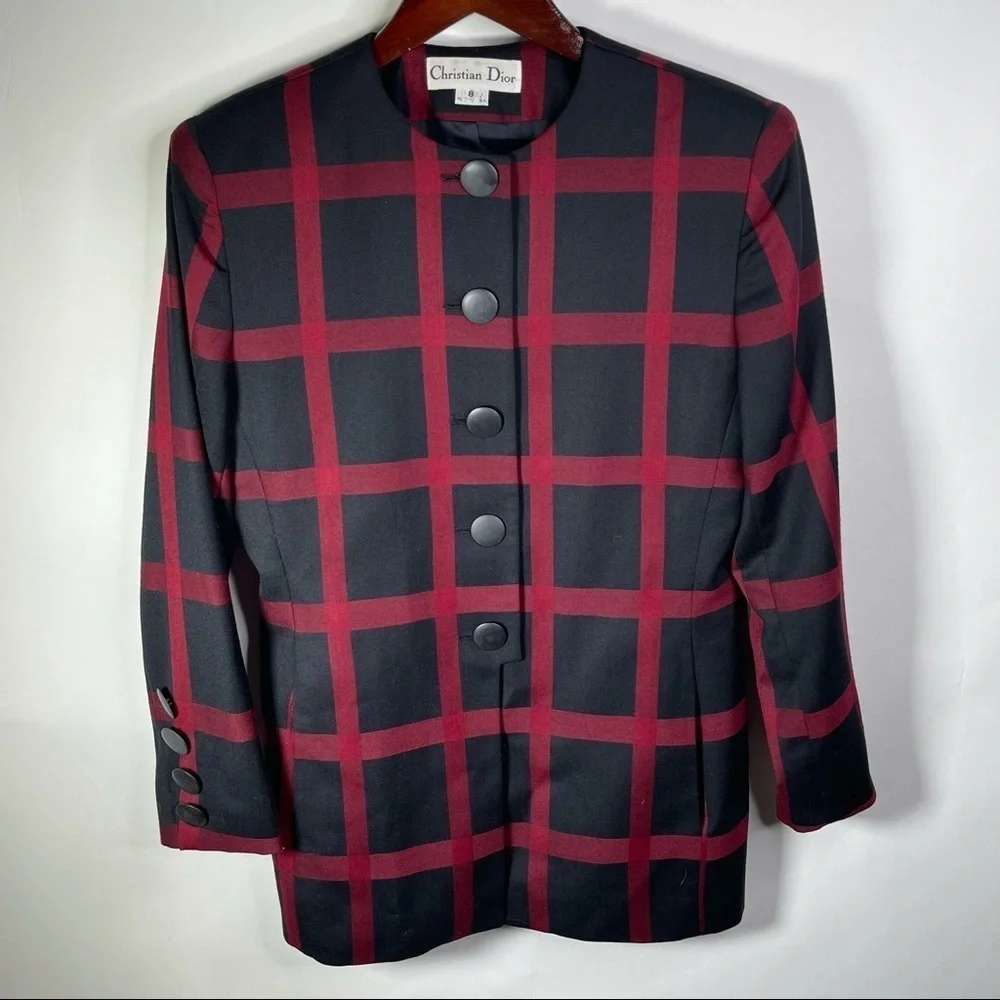 Christian Dior Vintage Wool Plaid Blazer Black Red